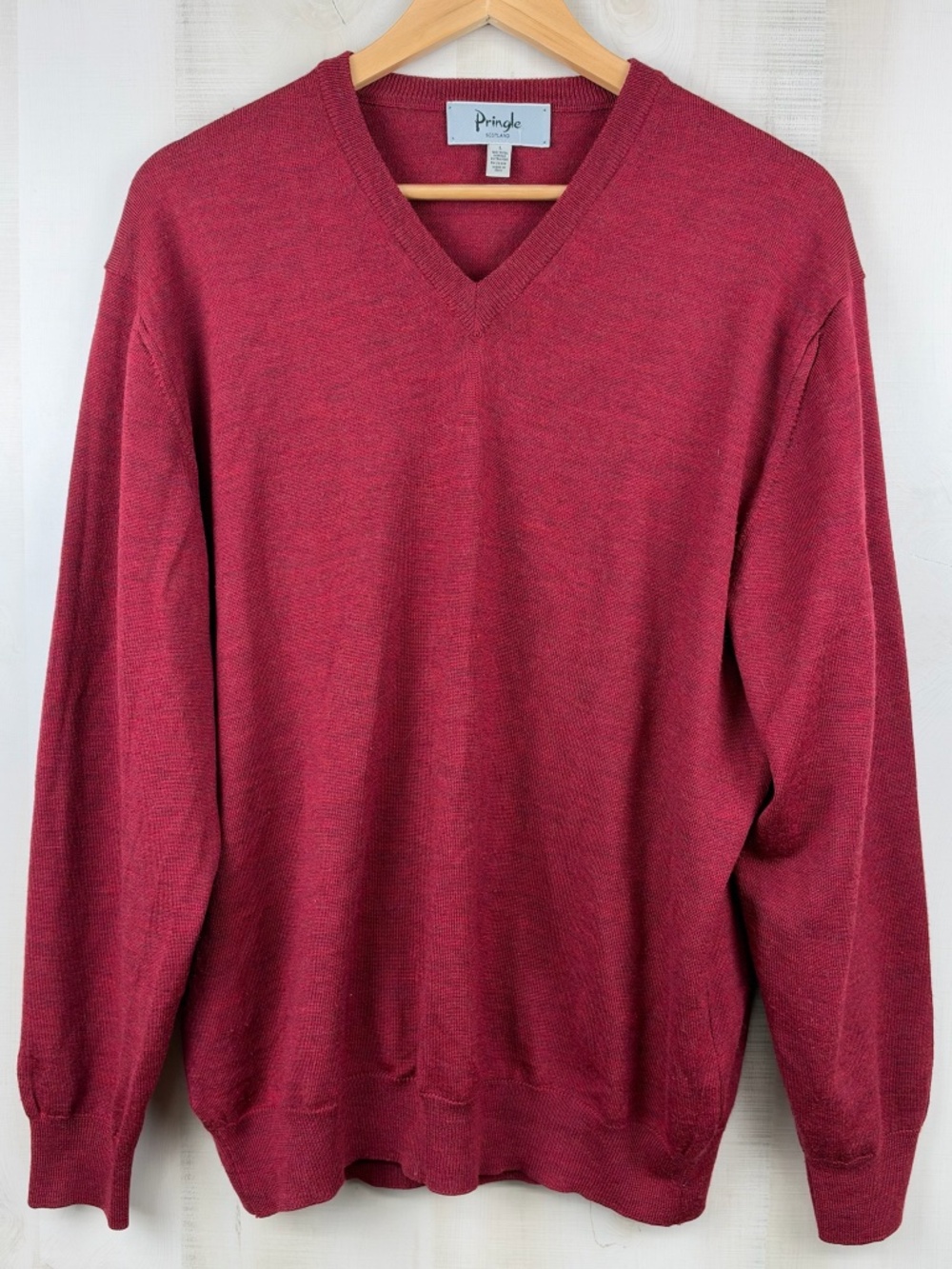 Vintage Pringle Scotland Men’s V-Neck Red LS Sweater Merino Wool Italy Large
